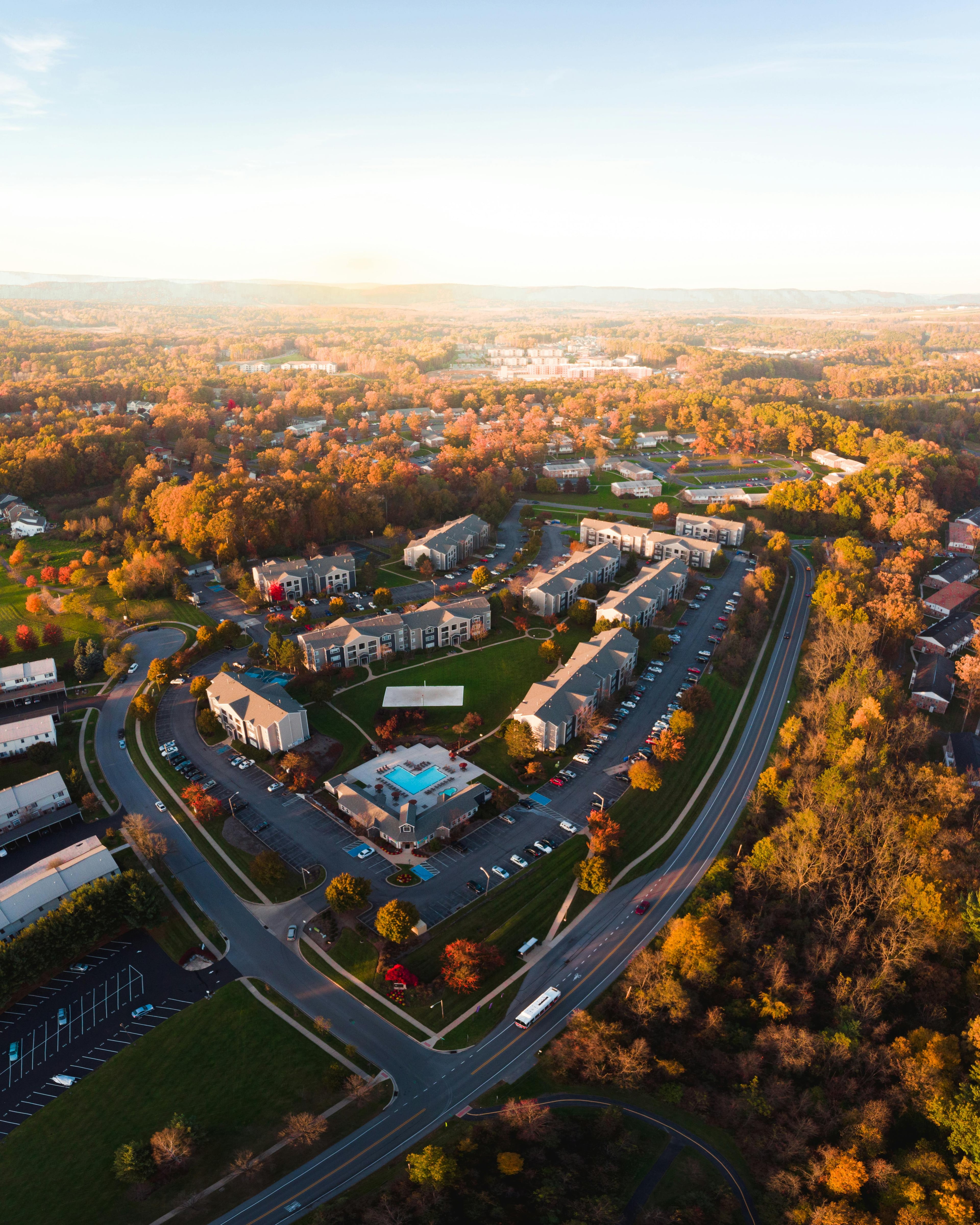 Neighborhood homes at sunset