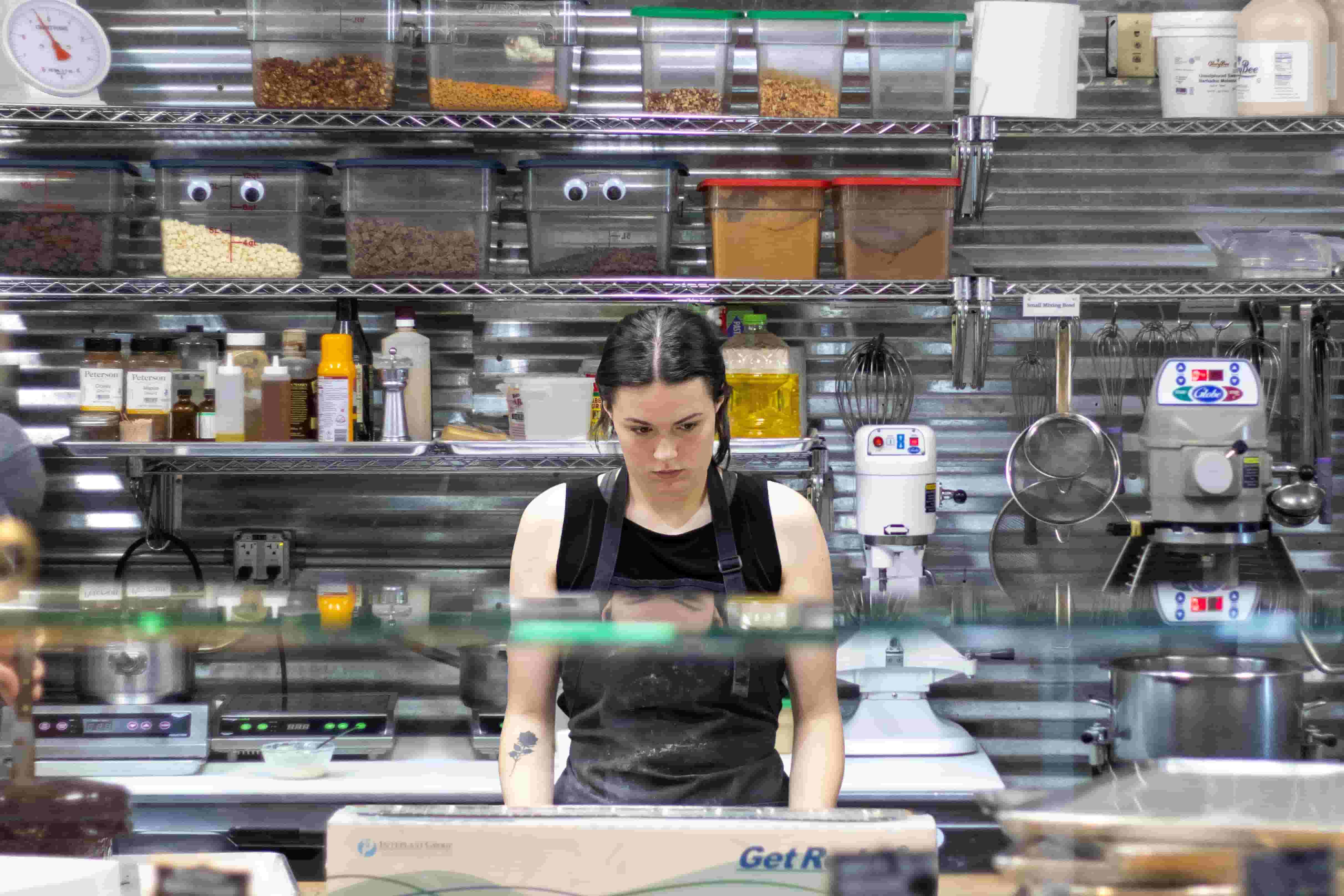 Commercial bakery production kitchen with industrial mixing equipment