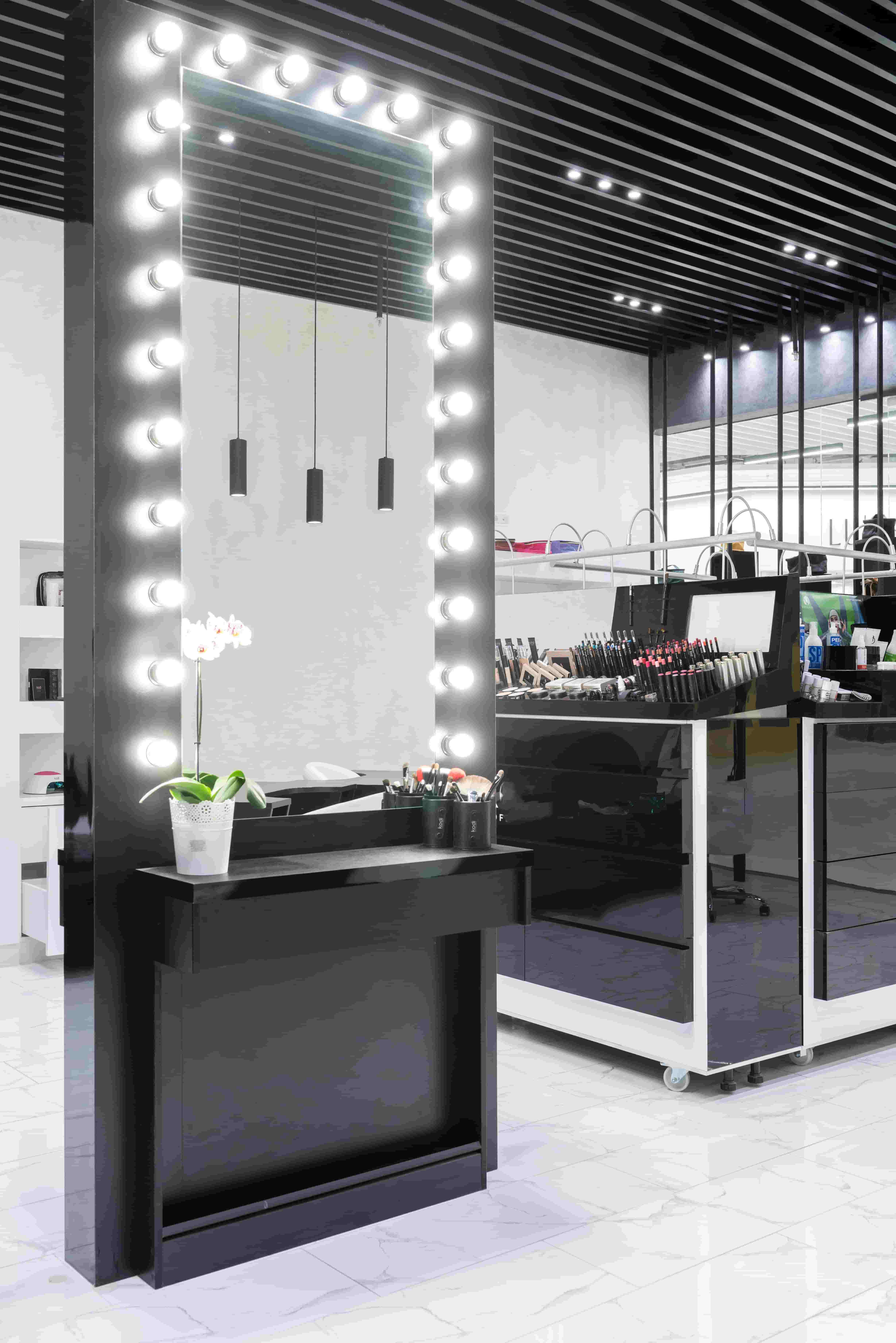 Pennsylvania hair salon interior with a lighted styling station