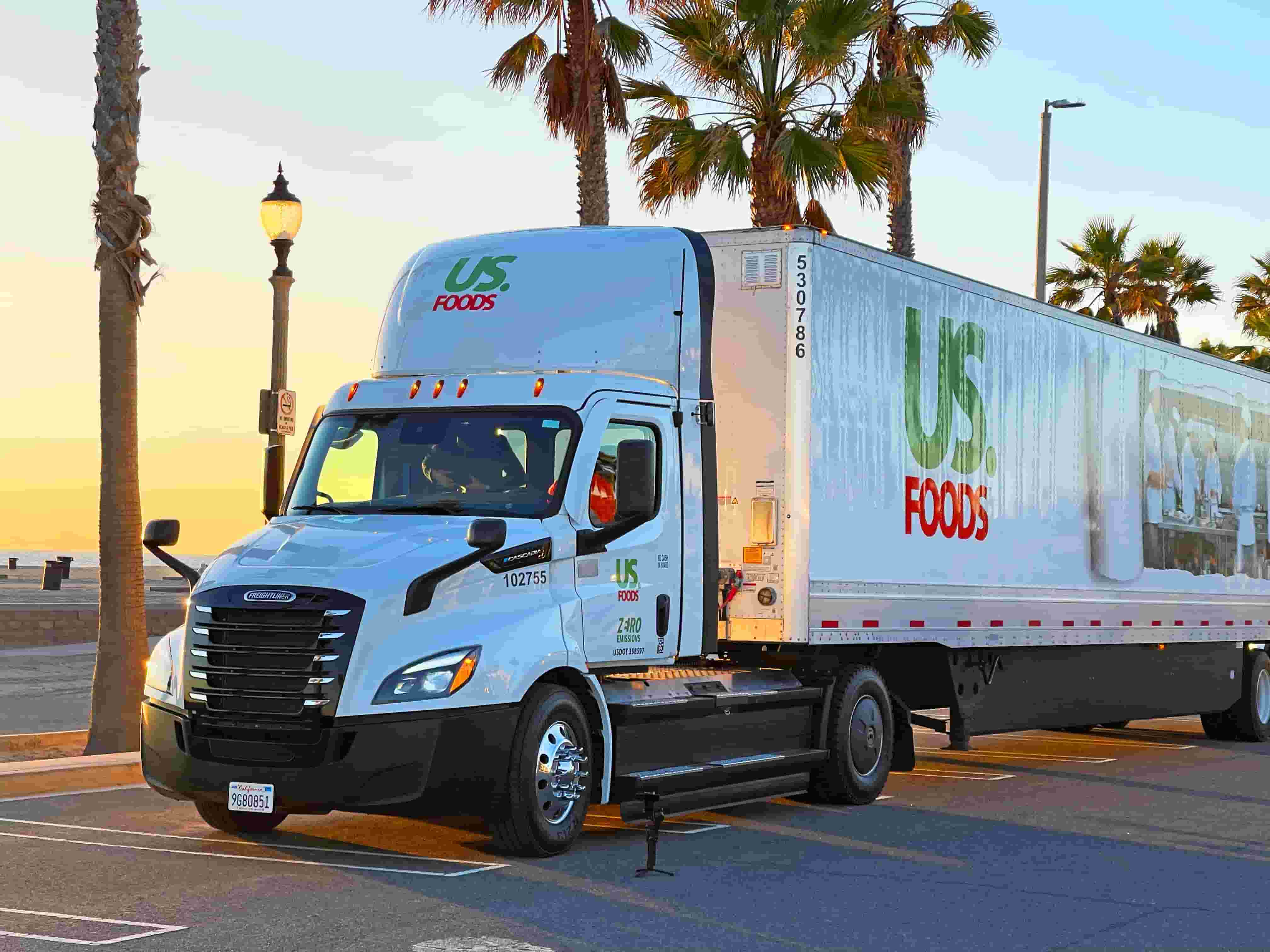 Semi truck and refrigerated trailer parked along a palm-lined street